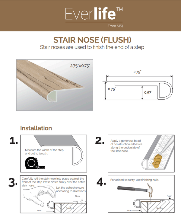 STAIR NOSE FLUSH 2.75"x0.75”x94" - Luxury Vinyl Flooring For Less